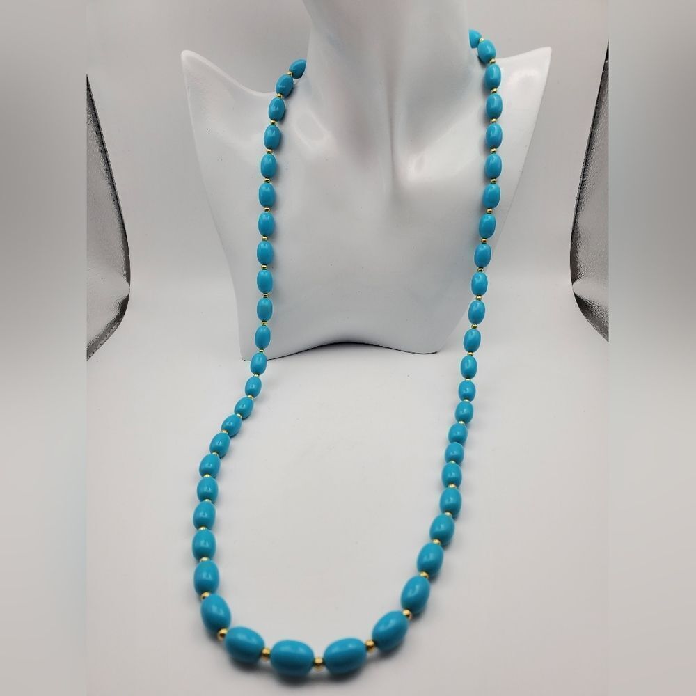 Olive blue beaded gold tone drop‎ necklace N0310